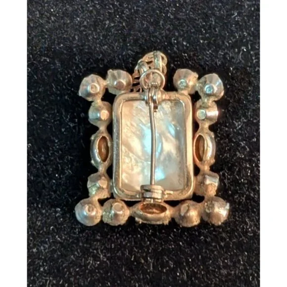Vintage Pink Green Rhinestone Brooch Pendant Filigree Flower Mother of Pearl - Picture 2 of 14
